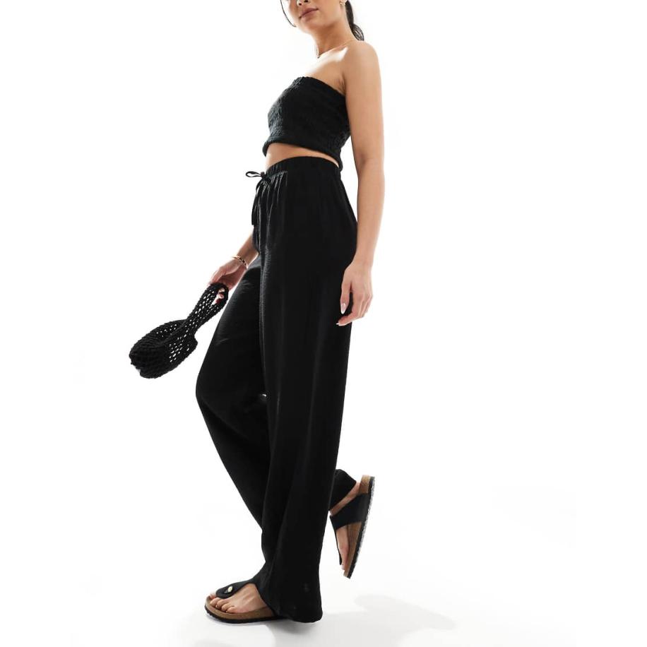 New Look Broek met wijde pijpen van kreukstof in zwart Zwart