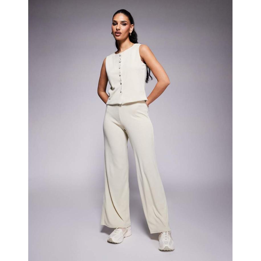 ASOS DESIGN Geribbelde broek met wijde pijpen in stone, deel van co-ord set-Neutraal Multicolor