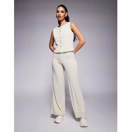 ASOS DESIGN Geribbelde broek met wijde pijpen in stone, deel van co-ord set-Neutraal