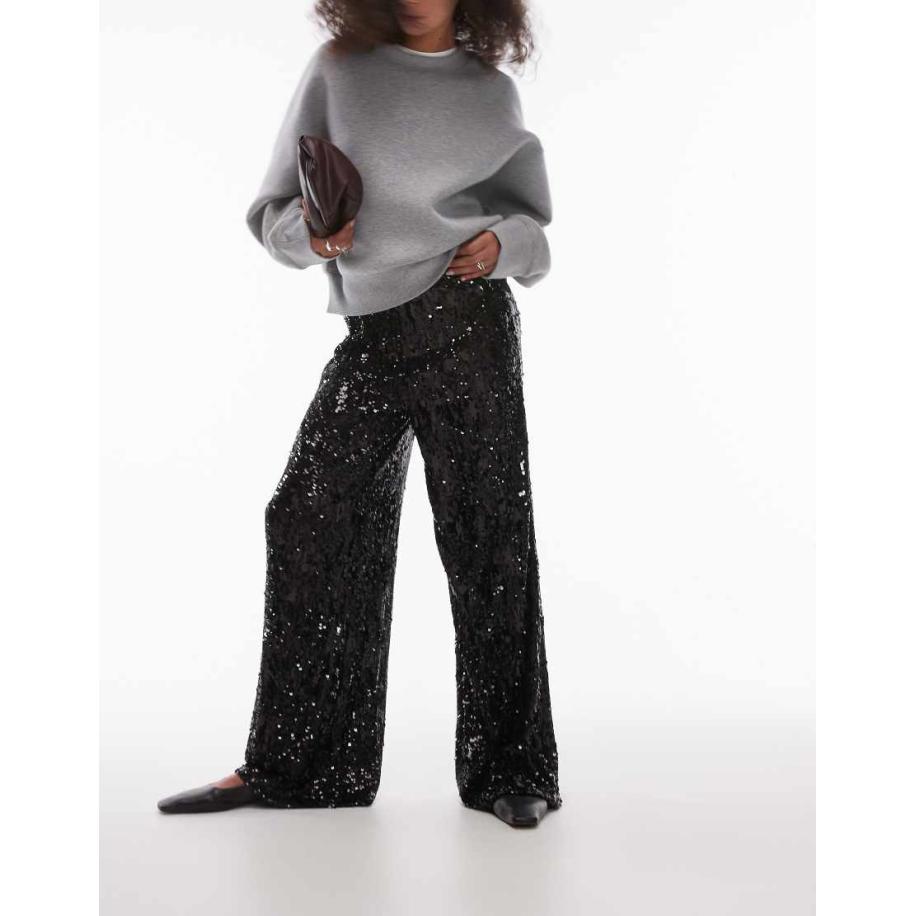 Topshop Broek met wijde pijpen en lovertjes in zwart Zwart