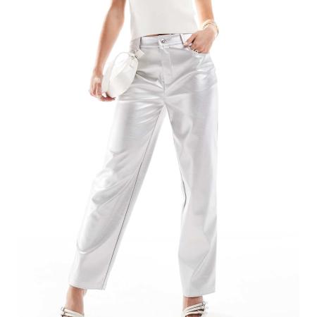 ASOS DESIGN Petite Broek met rechte pijpen van imitatieleer in zilver