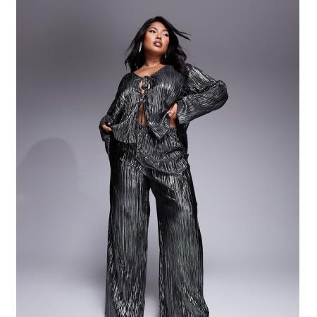 New Look Curve Plissé broek met wijde pijpen in metallic tin-Zilver