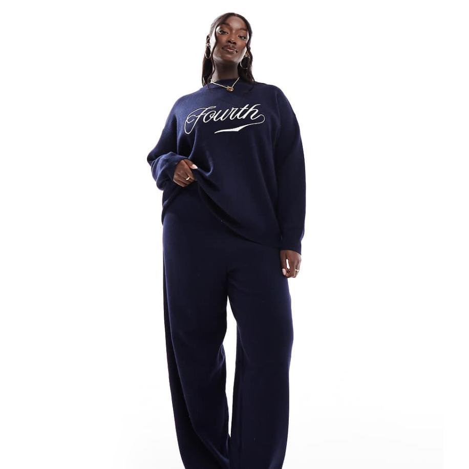 4th & Reckless Plus Gebreide broek met wijde pijpen in marineblauw, deel van co-ord set Blauw