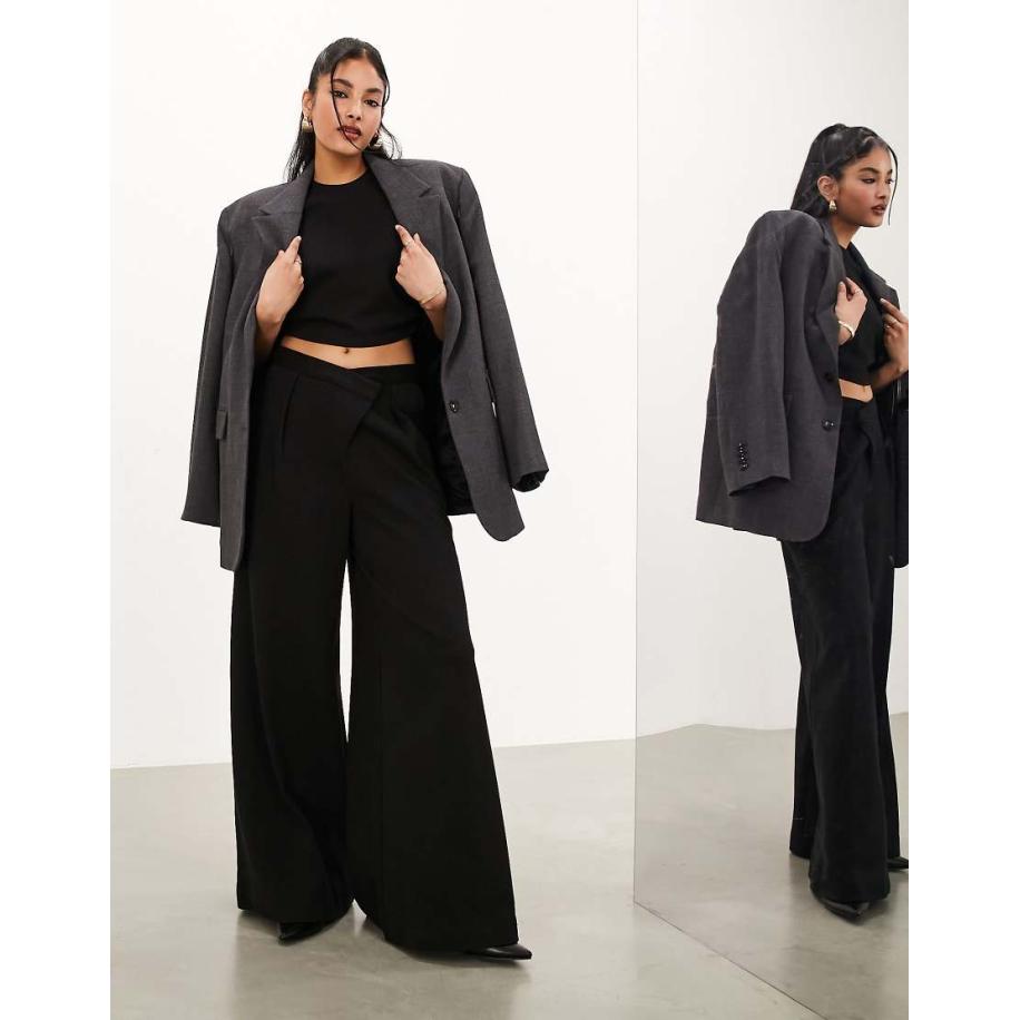 ASOS EDITION Premium Broek van zware jersey met textuur met wijde pijpen en asymmetrische tailleband in zwart Zwart