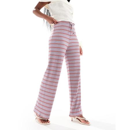 Pieces Geribbelde broek met wijde pijpen in blauw met bordeauxrode strepen-Veelkleurig