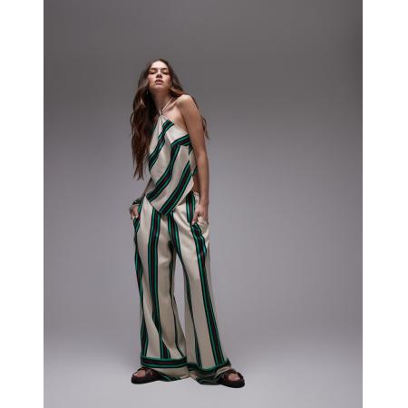 Topshop Gestreepte satijnen broek met halfhoge taille en brede omslag in grijs, deel van co-ord set
