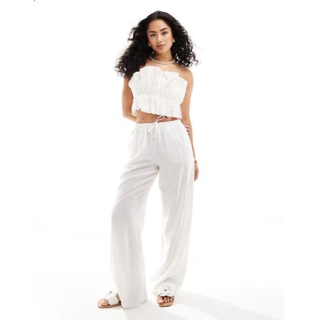 Bershka Linnen broek met gestrikte taille en wijde pijpen in wit