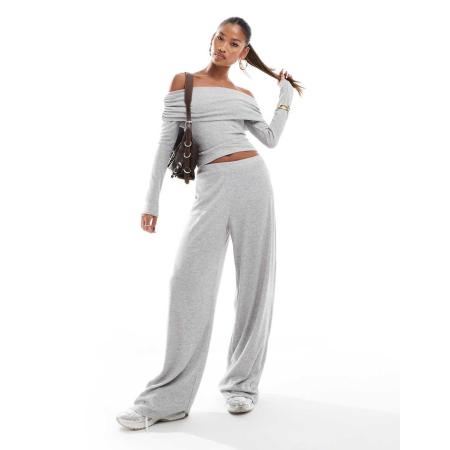 Kaiia Geribbelde broek met wijde pijpen in gemêleerd lichtgrijs, deel van co-ord set