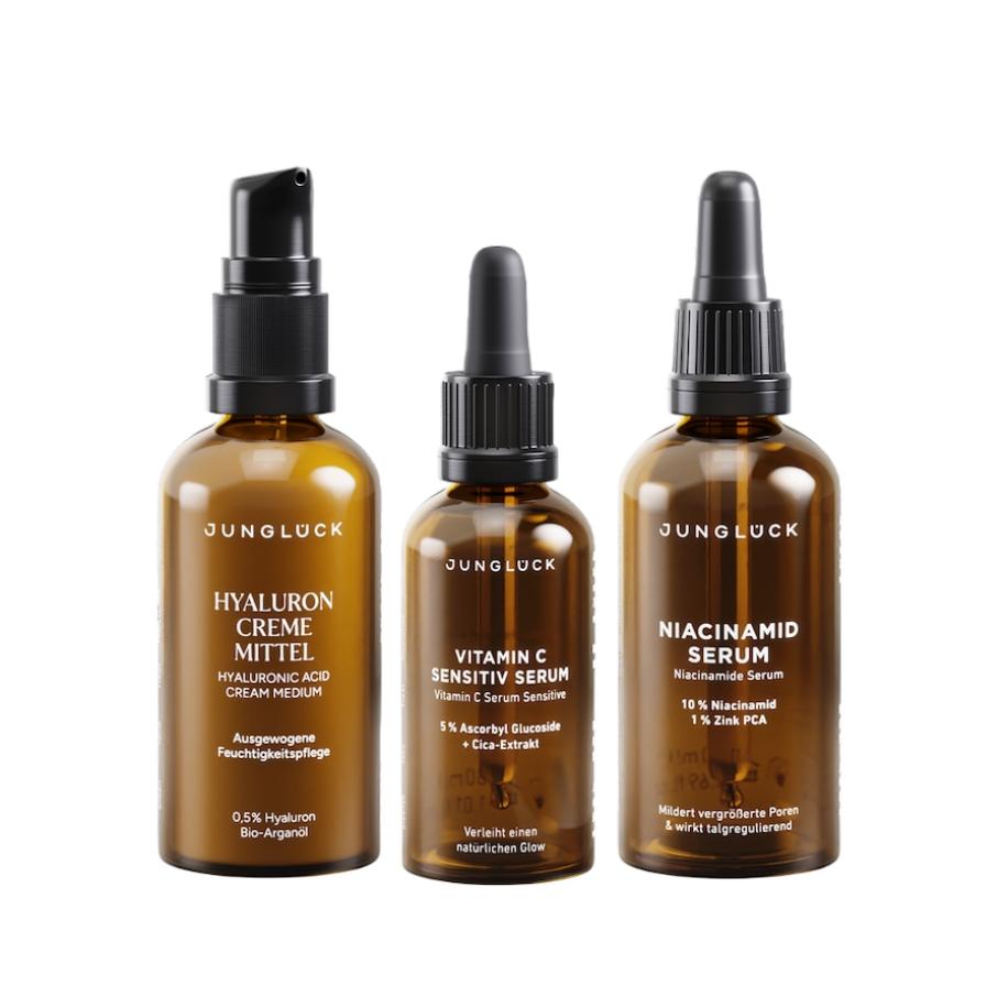 Junglück Bestseller Trio - Niacinamide Serum Vitamine C Sensitief Serum Hyaluron Crème Medium Cadeauset