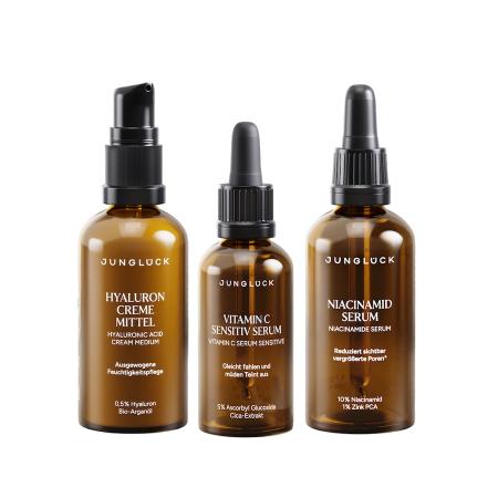 Junglück Bestseller Trio - Niacinamide Serum Vitamine C Sensitief Serum Hyaluron Crème Medium Cadeauset