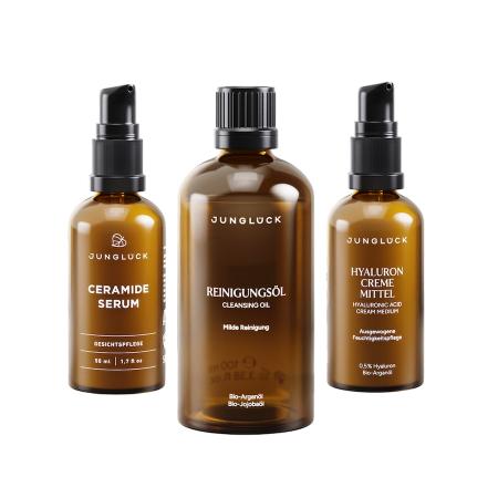 Junglück Reinigingsolie Ceramide Serum Hyaluron Crème Medium Set