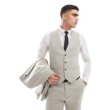 ASOS DESIGN - Smal gilet met wol in stone tweed-Neutraal