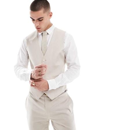 ASOS DESIGN - Smal gilet van linnenmix in stone-Neutraal