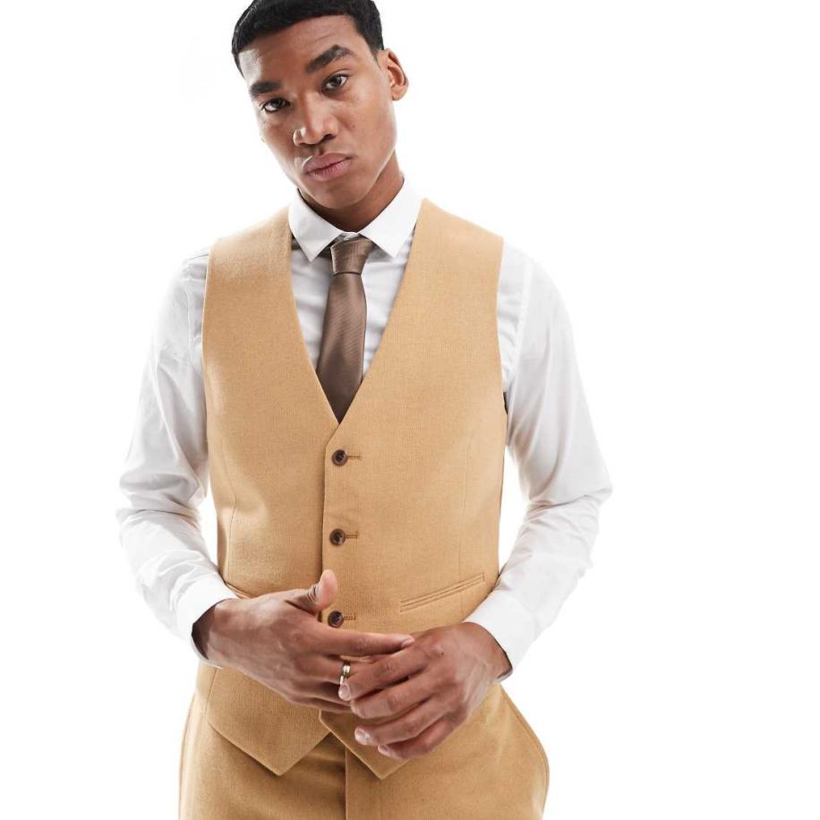 ASOS DESIGN - Smal gilet met wol en basketweave in lichtbruin-Neutraal Multicolor