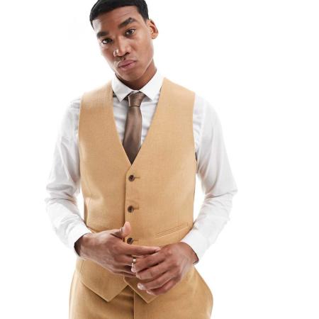 ASOS DESIGN - Smal gilet met wol en basketweave in lichtbruin-Neutraal