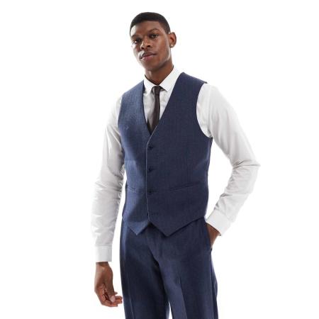 ASOS DESIGN - Slim fit gilet met wol en visgraatmotief in blauw-Marineblauw