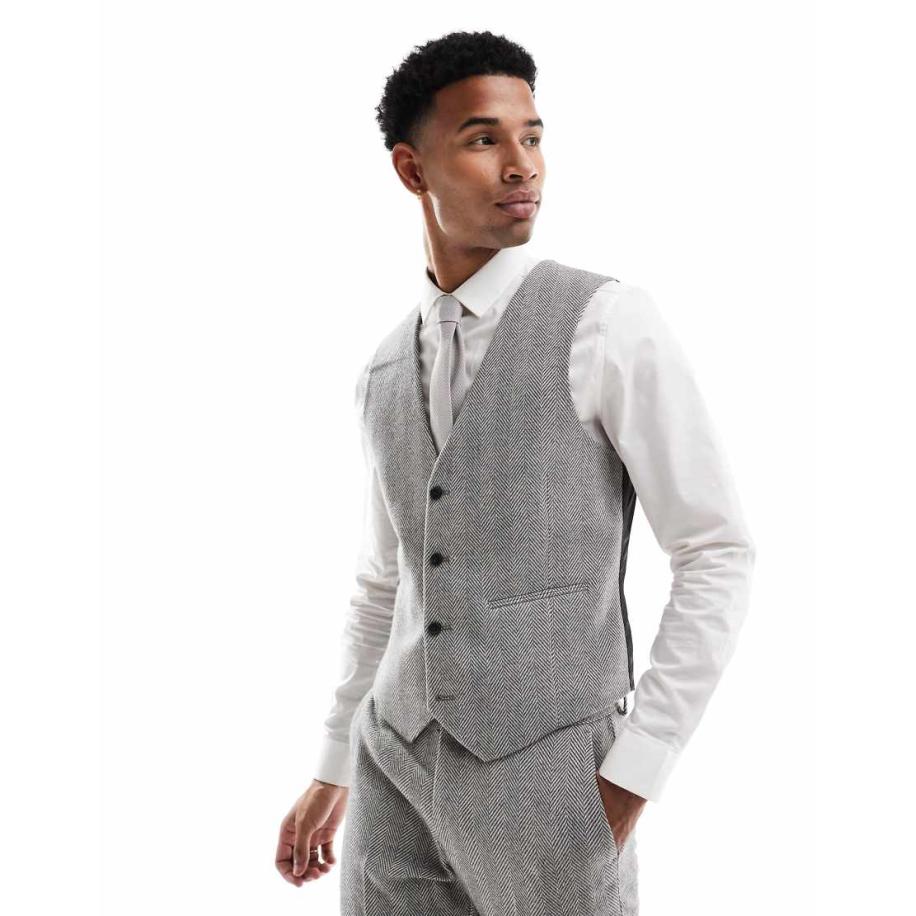 ASOS DESIGN - Skinny gilet van wolmix met visgraatmotief in grijs Grijs