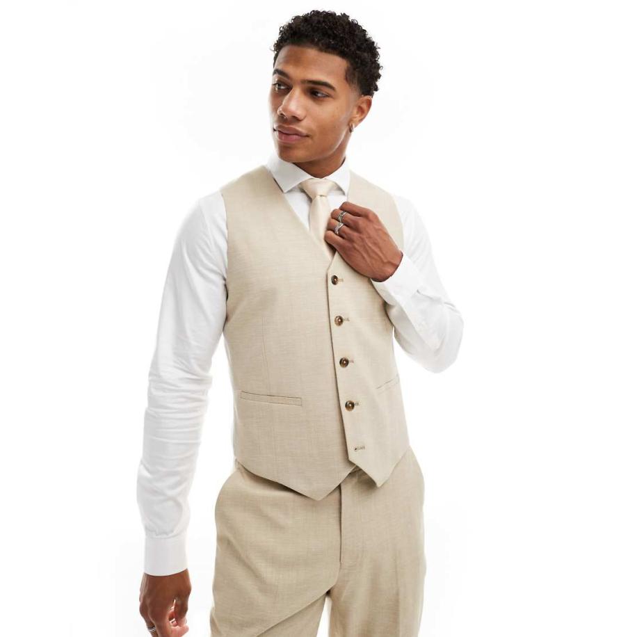 ASOS DESIGN Wedding - Smal gilet met linnen in stone-Neutraal Multicolor