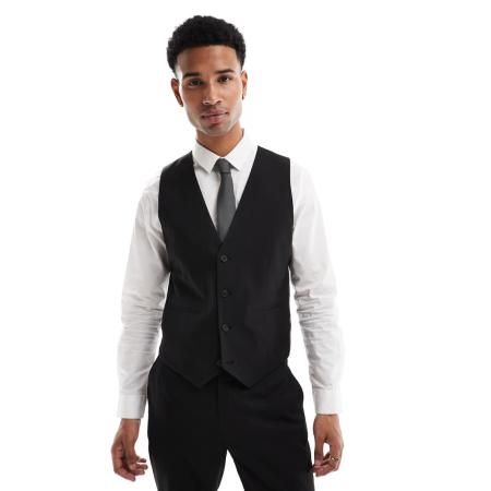 ASOS DESIGN - Smal gilet van pak met subtiel visgraatmotief in zwart-Bruin