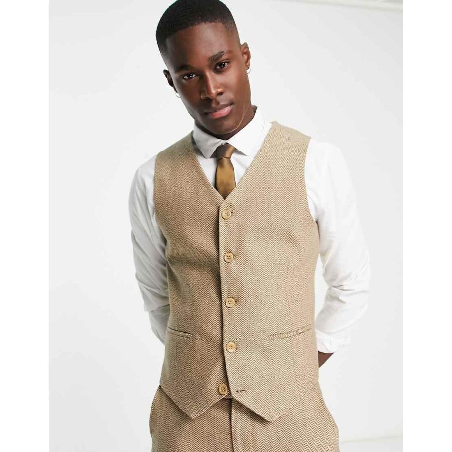 ASOS DESIGN - Super skinny gilet van wolmix in stone met visgraatmotief-Neutraal Multicolor