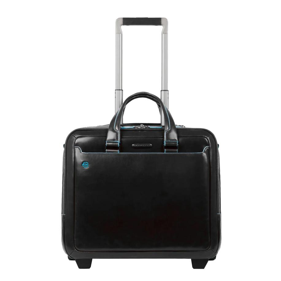 Piquadro Black Square Briefcase with wheels 2 compartments black Zwart