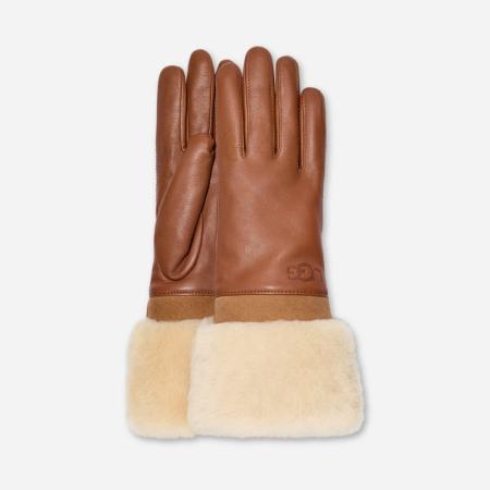 UGG® Shearling Cuff Leather-handschoen in Brown, Maat M, Shearling/Leder