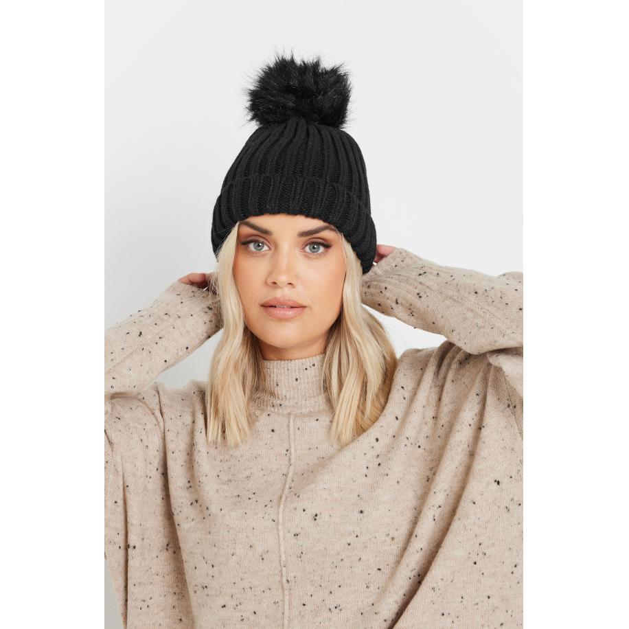 Yours Zwarte Imitatiebont Pomponmutssize One Size Zwart