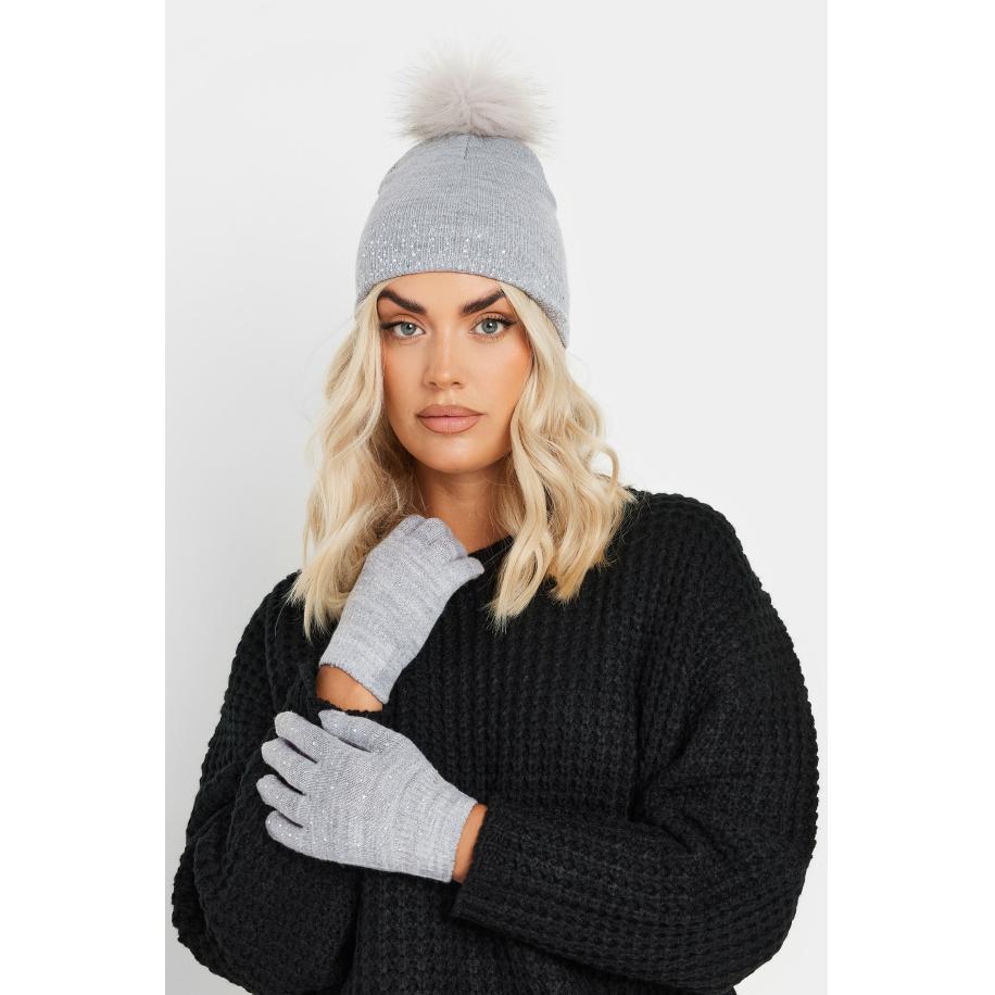Yours Grijze Met Diamanten Versierde Bobbelmuts En Handschoenensetsize One Size Grijs