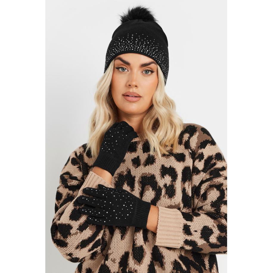 Yours Zwarte Met Diamanten Versierde Bobbelmuts En Handschoenensetsize One Size Zwart