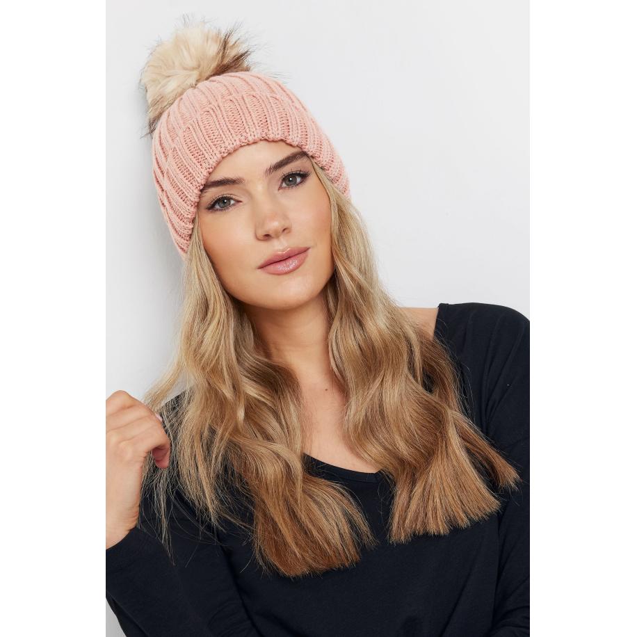Yours Roze Imitatiebont Pompon Bobbelmutssize One Size Roze