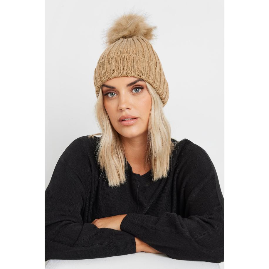 Yours Beige Bruine Imitatiebont Pompon Bobbelmutssize One Size Bruin