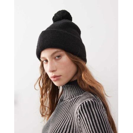 Monki Gebreide muts met pompon in zwart