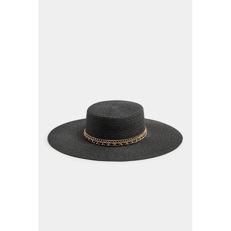 Yours Black Chain Wide Brim Straw Hat Size One Size Zwart