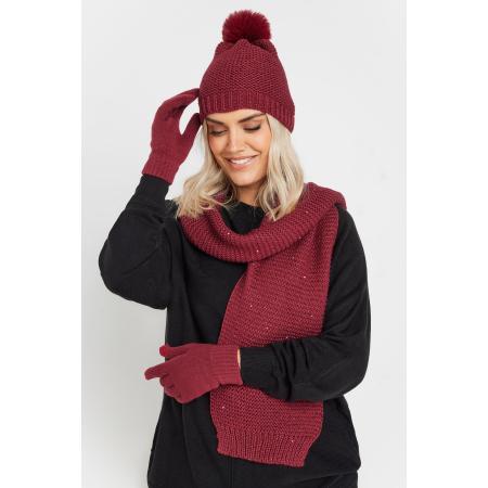 Yours Rode Gebreide Muts, Handschoenen En Sjaalset Met Paillettensize One Size