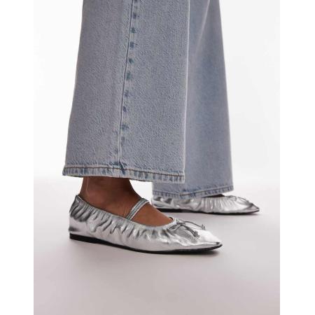 Topshop Chia Gerimpelde ballerina's van leer met bandje in zilver