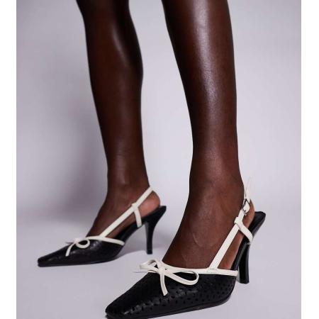 Public Desire Wide Fit Alchemy Slingback schoenen met brede pasvorm, hak en strik in crème en zwart-Wit