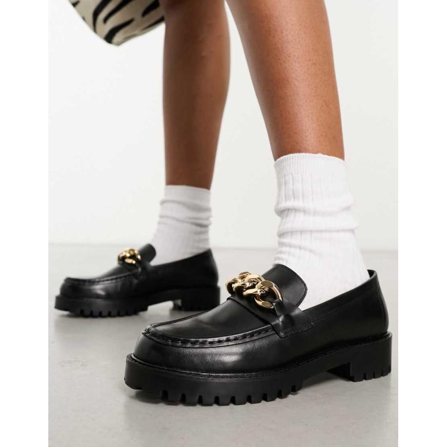 Walk London Clara Loafers met ketting in zwart leer Zwart