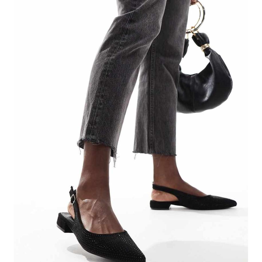 Glamorous Wide Fit Slingback ballerina's met brede pasvorm, puntige neus en versiering in zwart Zwart