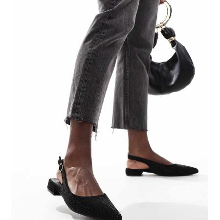 Glamorous Wide Fit Slingback ballerina's met brede pasvorm, puntige neus en versiering in zwart