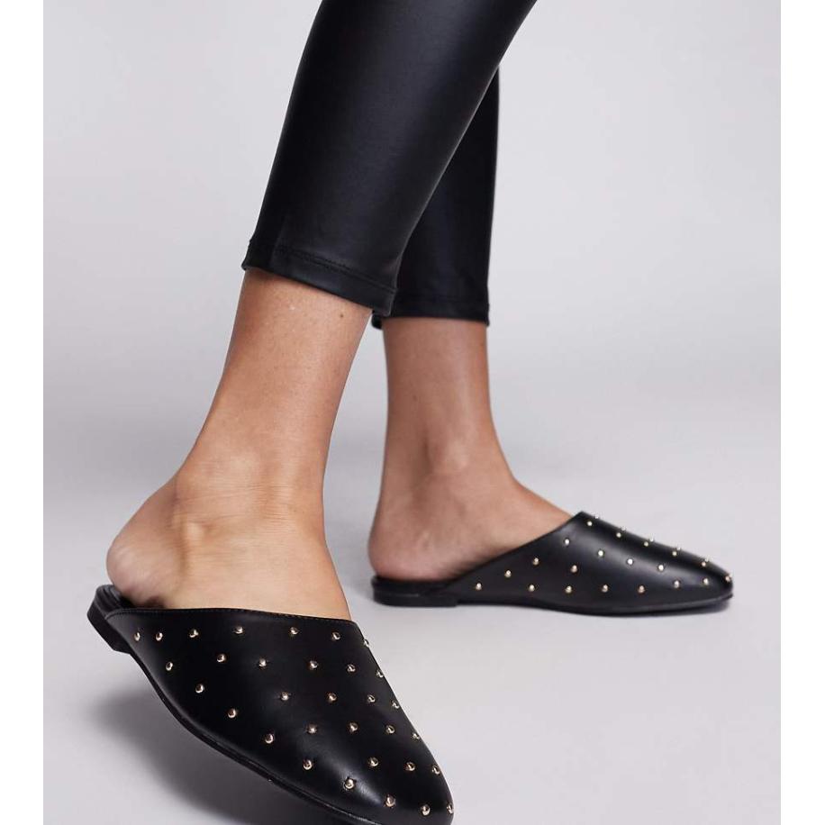 Public Desire Wide Fit Camille Platte muiltjes met studs in zwart Zwart