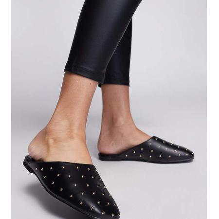 Public Desire Wide Fit Camille Platte muiltjes met studs in zwart