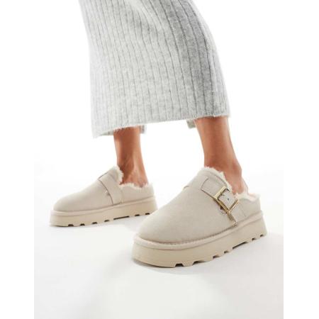 South Beach Muiltjes van echt schapenvacht met muiltjes in crème-Bruin