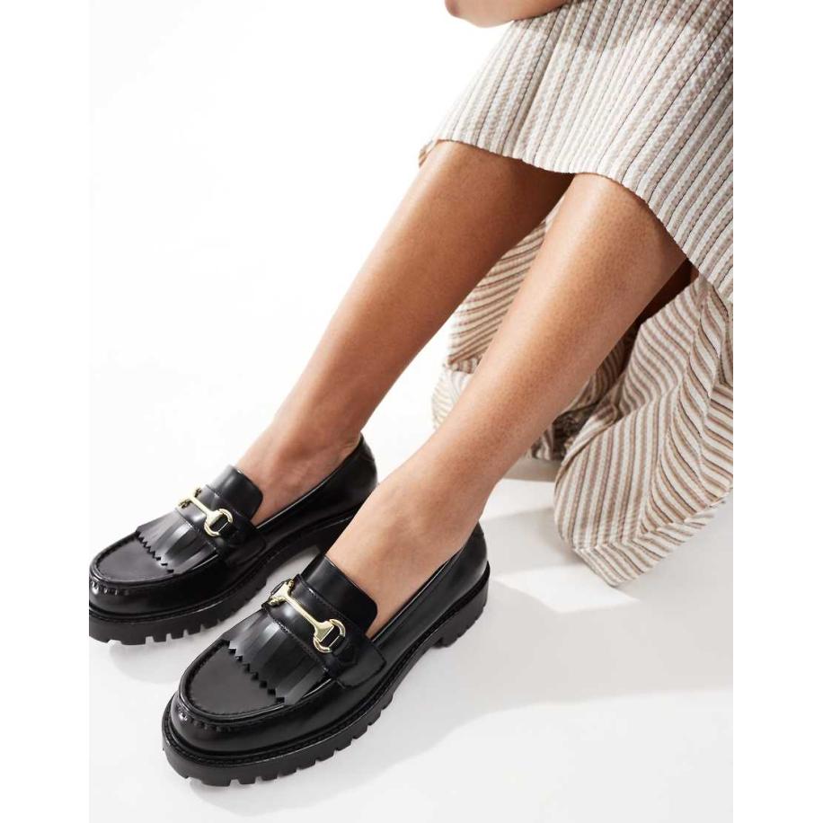 Walk London Clare Loafers van glad leer met franje in zwart Zwart