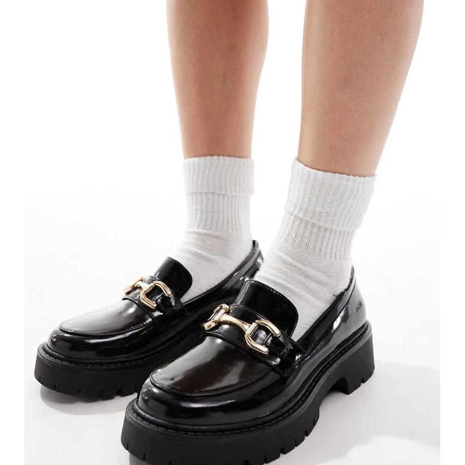 London Rebel Perdy Loafers met brede pasvorm, dikke zool en metalen detail in zwart Zwart