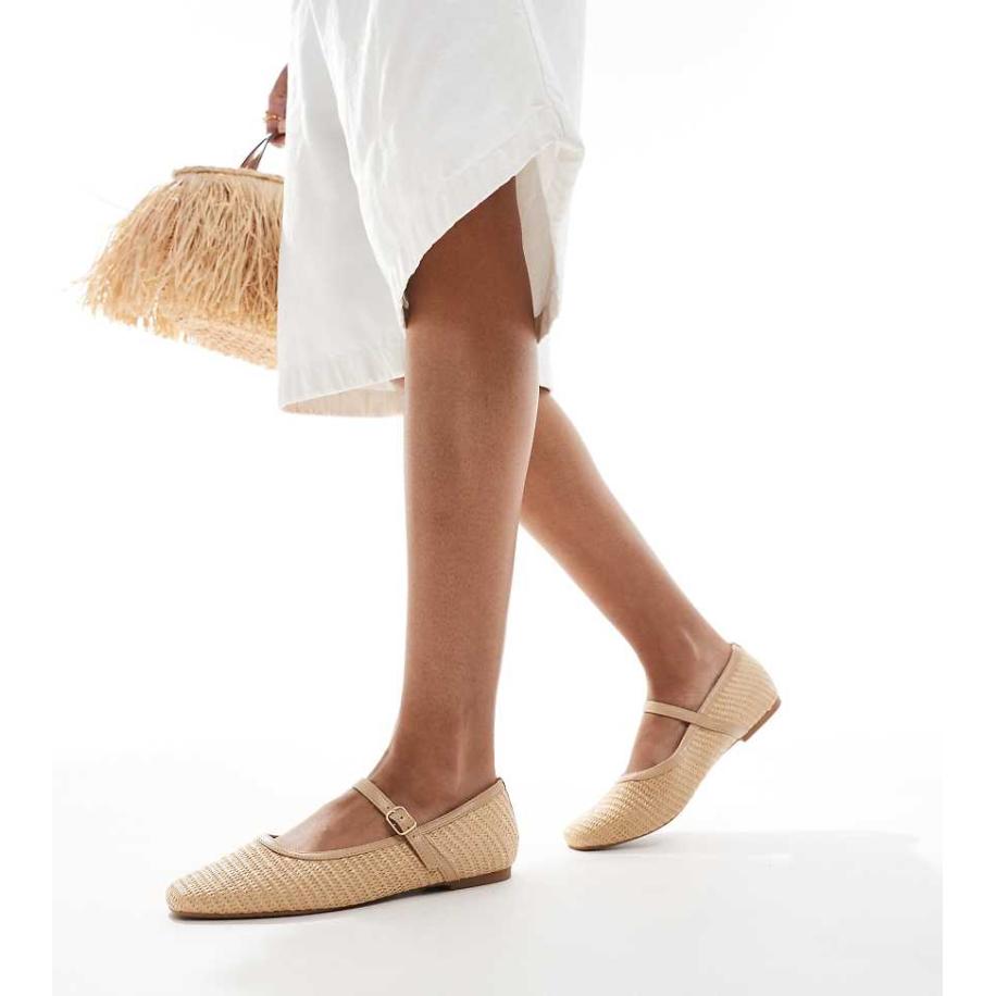 SEQWL Ballerina's van raffia met brede pasvorm en gesp in naturel-Neutraal Multicolor