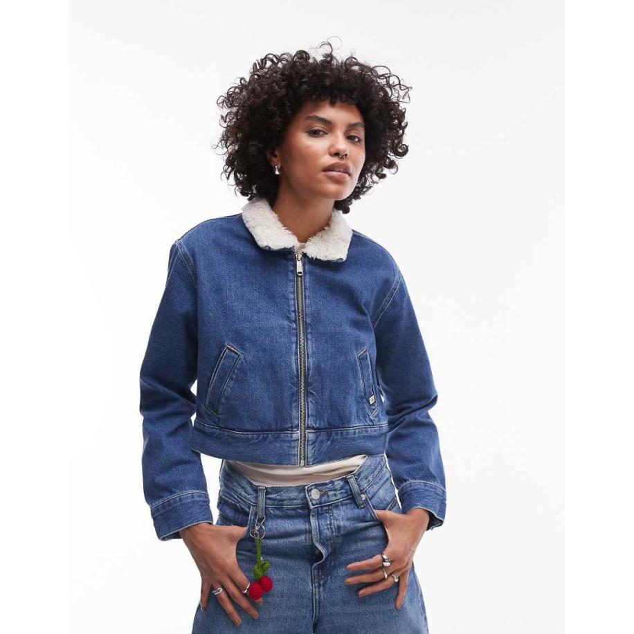 Calvin Klein Jeans Denim jack met sherpakraag en rits in mid-wash-Blauw Blauw