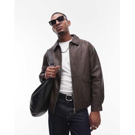 Topman - Harrington jack van imitatieleer in bruin