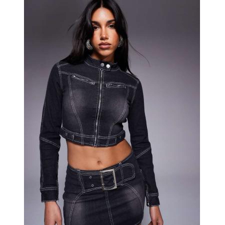 Liquor N Poker Bikerjack met contrasterende stiksels en gespdetail in zwart met wassing