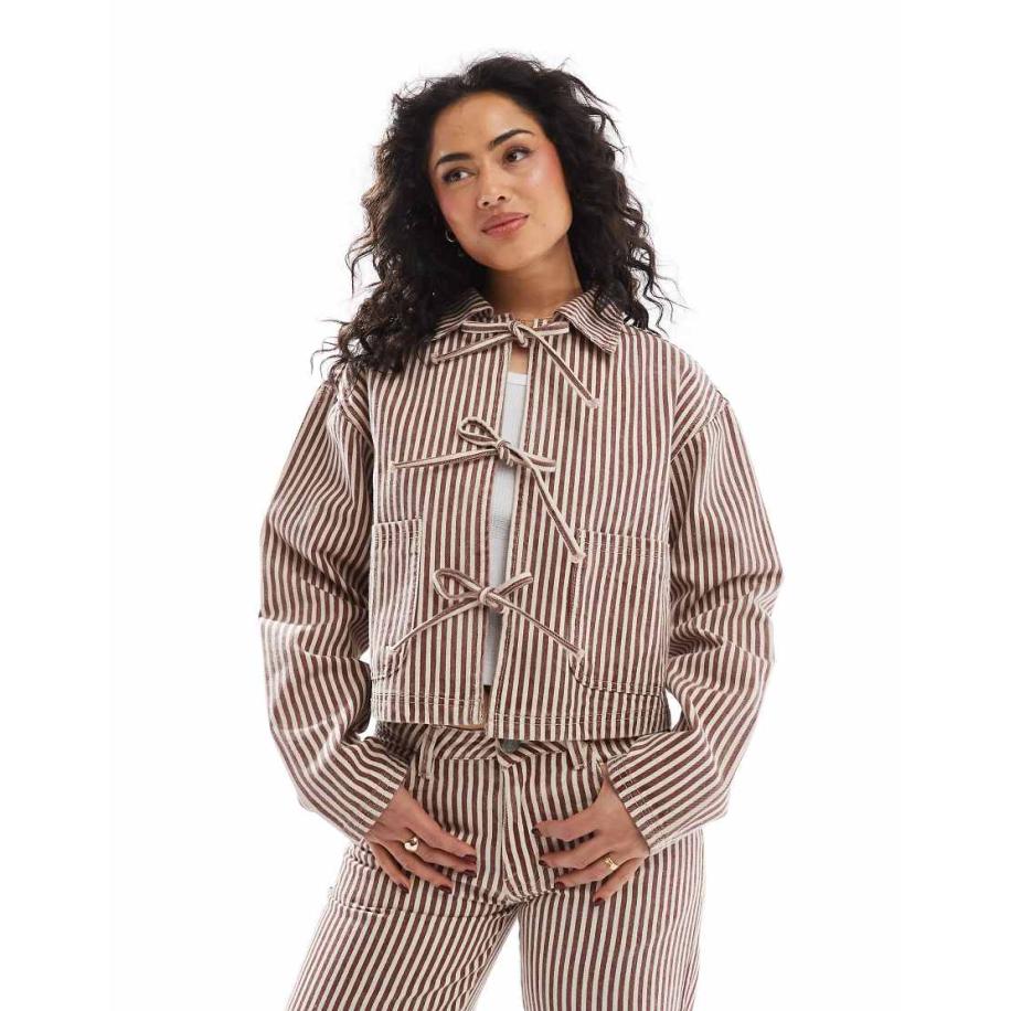 Daisy Street Denim jack met strikken in rood en ecru gestreept, deel van co-ord set Rood