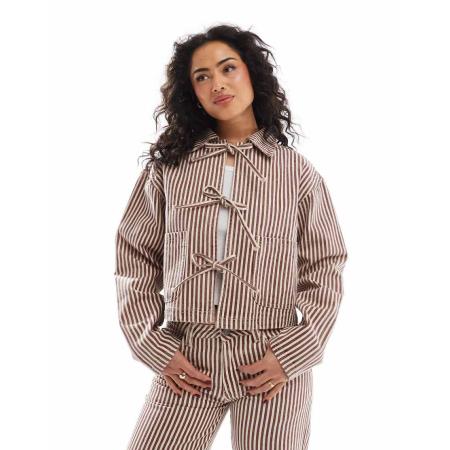 Daisy Street Denim jack met strikken in rood en ecru gestreept, deel van co-ord set